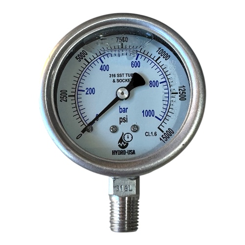 15000 psi pressure gauge 2.5 dial bottom connection stainless