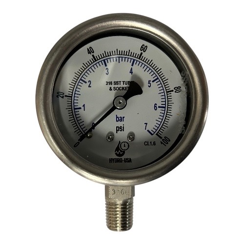 100 psi pressure gauge 2.5 dial bottom connection stainless