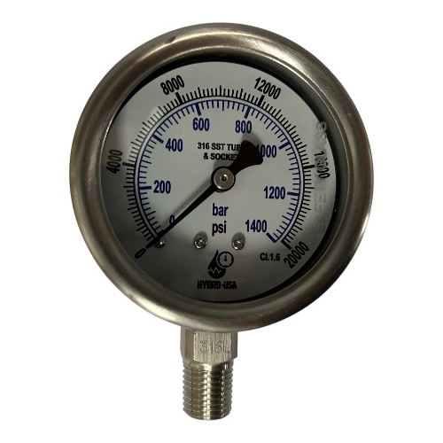 20000 psi pressure gauge 2.5 dial bottom connection stainless